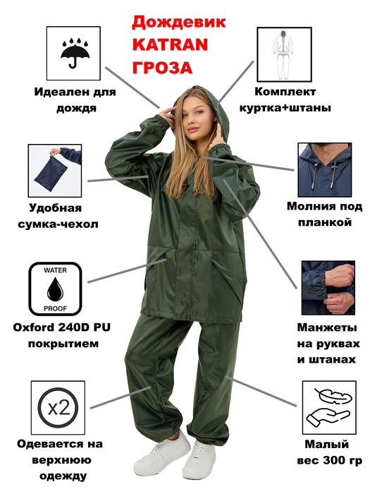 фото Дождевик женский пончо накидка KATRAN ГРОЗА (Оксфорд, хаки)