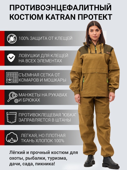 фото Женский костюм противоэнцефалитный антимоскитный KATRAN Протект NEW (Палатка, Хаки)