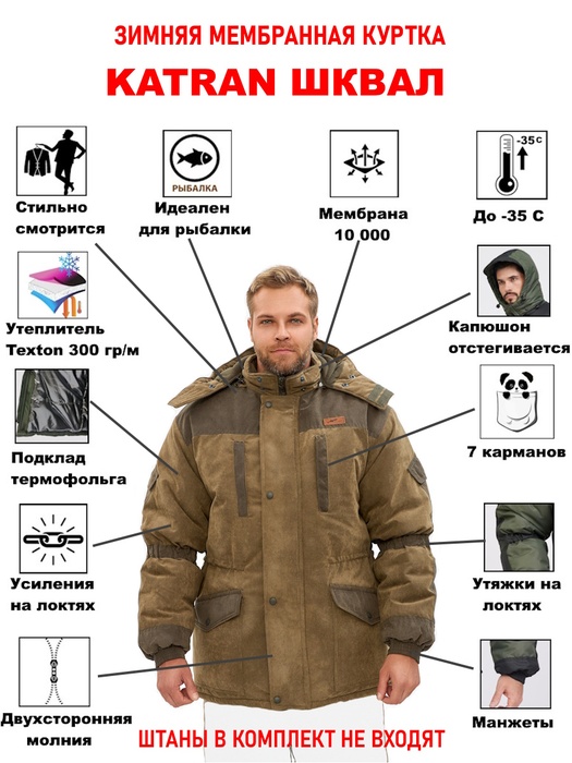 фото Куртка зимняя для охоты и рыбалки KATRAN ШКВАЛ -35°С (Финляндия, хаки)