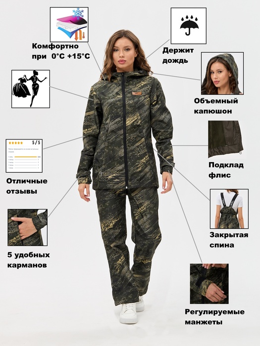 фото Костюм женский демисезонный для рыбалки и охоты подклад флис KATRANGEAR ЛАДОГА (полофлис, серый КМФ)