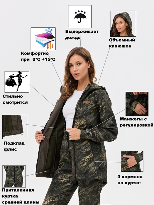 фото Костюм женский демисезонный для рыбалки и охоты подклад флис KATRANGEAR ЛАДОГА (полофлис, серый КМФ)
