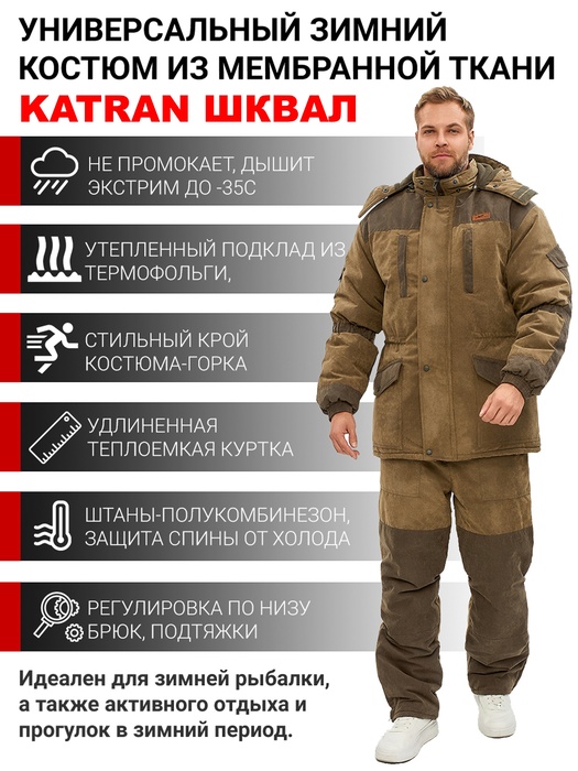 фото Зимний костюм для охоты и рыбалки KATRAN ШКВАЛ -35°С (Финляндия, хаки) полукомбинезон