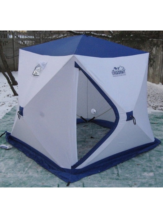 фото Палатка куб для зимней рыбалки СЛЕДОПЫТ Эконом (2-х местная, 3 слоя) бело-синий